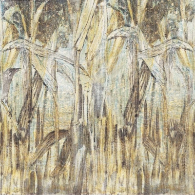 Wallpaper features tall, slender plants with intricate, overlapping leaves and stems. Colors include muted yellows, browns, and greens. Textured and abstract quality evokes dense corn fields in a forest-like scene.