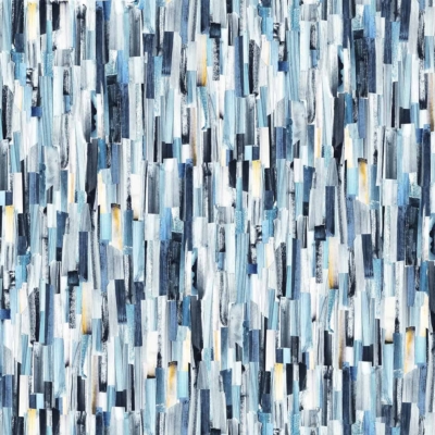 An abstract wallpaper showcasing intricate vertical brushstrokes and cut-outs in various shades of blue and gray, accented with touches of white and yellow. The overlapping strokes form a textured, layered effect, evoking movement and depth. Key elements: vertical brushstrokes, cut-outs, shades of blue, gray, white accents, yellow touches.