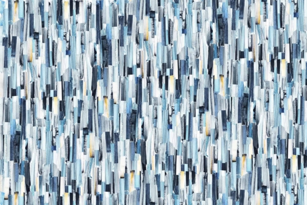An abstract wallpaper showcasing intricate vertical brushstrokes and cut-outs in various shades of blue and gray, accented with touches of white and yellow. The overlapping strokes form a textured, layered effect, evoking movement and depth. Key elements: vertical brushstrokes, cut-outs, shades of blue, gray, white accents, yellow touches.