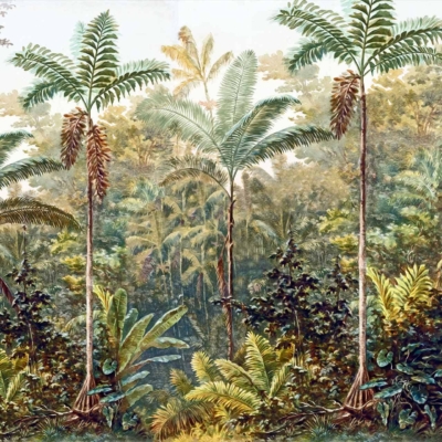 The wallpaper showcases a lush jungle scene with tall palm trees featuring long, feathery fronds. The dense underbrush brims with vibrant greenery, including various ferns and tropical plants, creating a rich, layered natural environment. This vivid depiction sits under a bright, light sky, making the earth feel alive and nurturing. Elements to search: lush jungle scene, tall palm trees, feathery fronds, dense underbrush, vibrant greenery, ferns and tropical plants، bright sky.