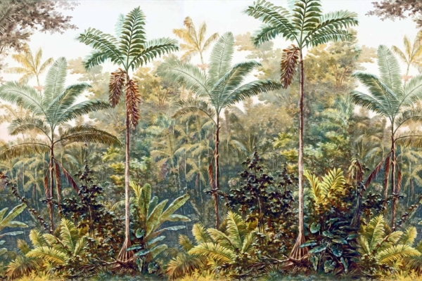 The wallpaper showcases a lush jungle scene with tall palm trees featuring long, feathery fronds. The dense underbrush brims with vibrant greenery, including various ferns and tropical plants, creating a rich, layered natural environment. This vivid depiction sits under a bright, light sky, making the earth feel alive and nurturing. Elements to search: lush jungle scene, tall palm trees, feathery fronds, dense underbrush, vibrant greenery, ferns and tropical plants، bright sky.