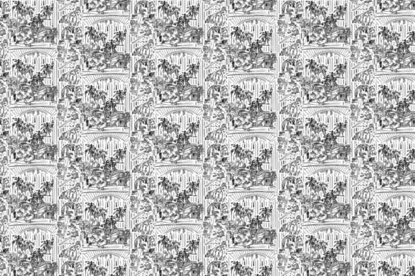 Intricate black and white wallpaper features detailed jungle scenes with dense plants, trees, and foliage. The repeating design showcases curved lines, small tropical elements like leaves and vines, blending seamlessly into a complex tapestry. Reminiscent of El Fresco artistry. Elements include: jungle scenes, plants, trees, foliage, curved lines; colors: black & white.