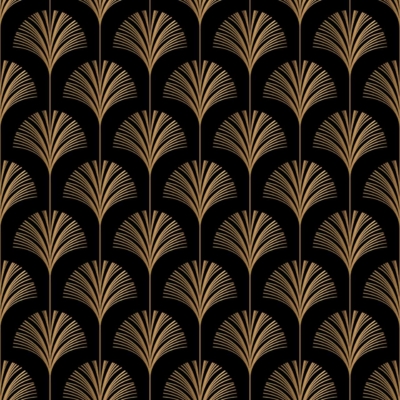A seamless wallpaper featuring gold fan-shaped designs on a black background. The repeating geometric motif exudes an elegant, Art Deco-inspired aesthetic. Predominant elements: gold fans, geometric patterns. Primary colors: gold and black.