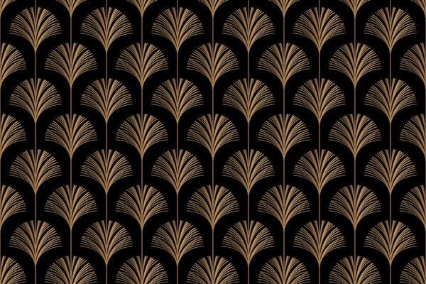 A seamless wallpaper featuring gold fan-shaped designs on a black background. The repeating geometric motif exudes an elegant, Art Deco-inspired aesthetic. Predominant elements: gold fans, geometric patterns. Primary colors: gold and black.