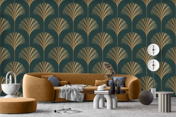 Dark green wallpaper with a gold palm leaf pattern.