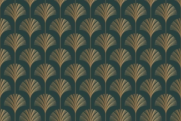 Art Deco wallpaper with gold palm leaf motifs on a dark green background. Symmetrical, fanned out design, luxurious 1920s vintage glamour. Elements: gold palm leaves, dark green background. Colors: gold, dark green.