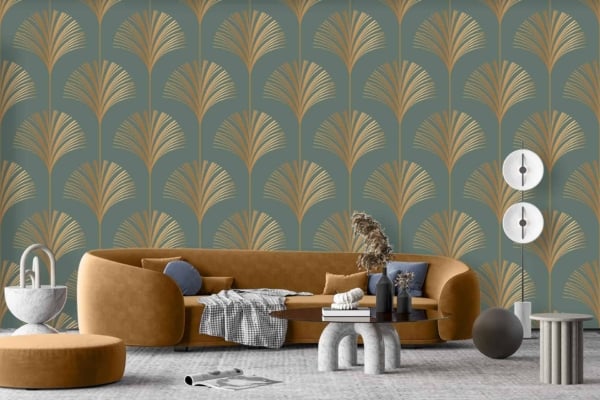 Green and gold patterned wallpaper. Elements: geometric shapes, intricate designs, foliage motifs. Colors: rich green, metallic gold.