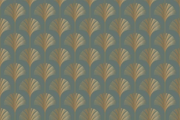 Golden fan-shaped motifs, teal background, art deco style, symmetrical design, elegant motif, vintage aesthetic.