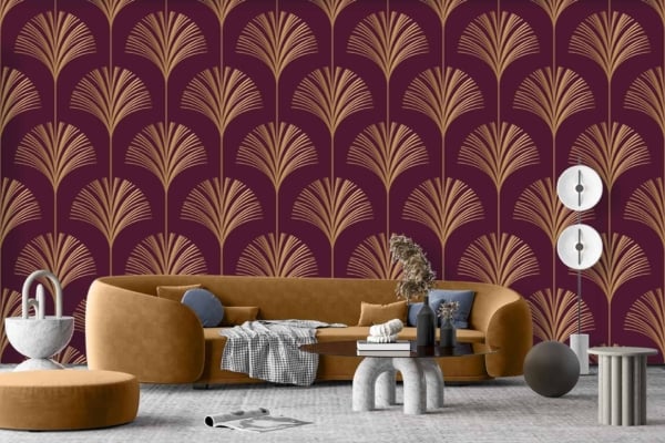 The wallpaper features a bold burgundy background adorned with an intricate gold fan pattern.