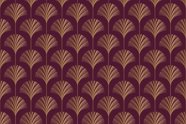 A seamless wallpaper pattern featuring stylized, symmetrical palm fronds in gold against a rich burgundy background. The repetitive design creates a structured, elegant visual effect reminiscent of Art Deco motifs. Ideal for adding sophistication to any fan club space. Main elements: palm fronds, gold; Background color: burgundy.