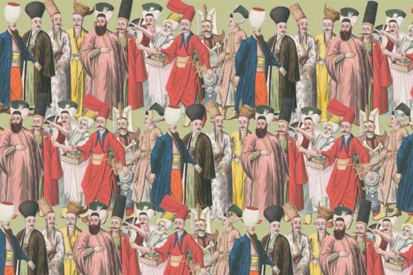 The wallpaper features an intricate, green background adorned with detailed illustrations of men in traditional Ottoman attire, characterized by vibrant turbans and ornate robes. The color palette includes rich reds, deep blues, golds, and whites. The scene is lively with various activities and interactions depicted throughout the design.