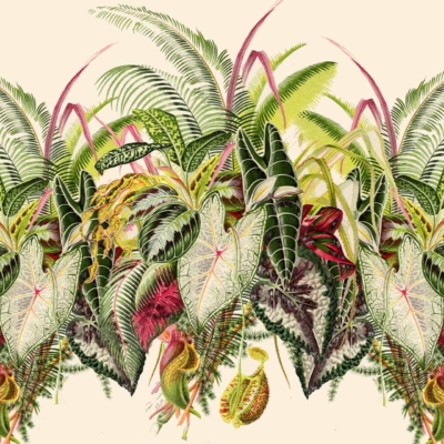 Bright, intricate botanical wallpaper featuring a dense bouquet of tropical plants and leaves. Rich shades of green, yellow, and red foliage showcased against a cream background. Detailed textures and unique shapes add depth to the lush illustration.