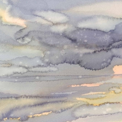 A serene watercolor wallpaper features a cloudy sky over a calm body of water with swallows flying gracefully. The color palette includes soft shades of gray, blue, purple, and peach, blending smoothly to create a tranquil and dreamy atmosphere.