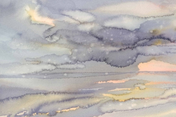 A serene watercolor wallpaper features a cloudy sky over a calm body of water with swallows flying gracefully. The color palette includes soft shades of gray, blue, purple, and peach, blending smoothly to create a tranquil and dreamy atmosphere.