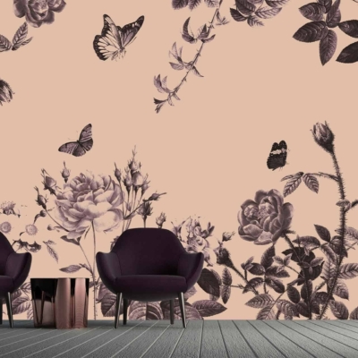 A stunning wall mural featuring intricate black and white roses with thorns and leaves, complemented by delicately detailed butterflies, all set against a soft beige background.
