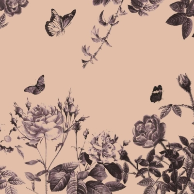 A delicate floral wallpaper pattern featuring intricately drawn roses, leaves, and buds in dark shades on a light pink background. Graceful butterflies are scattered among the flowers, adding elegance to the design.
