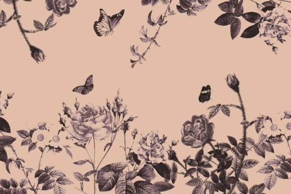 A delicate floral wallpaper pattern featuring intricately drawn roses, leaves, and buds in dark shades on a light pink background. Graceful butterflies are scattered among the flowers, adding elegance to the design.