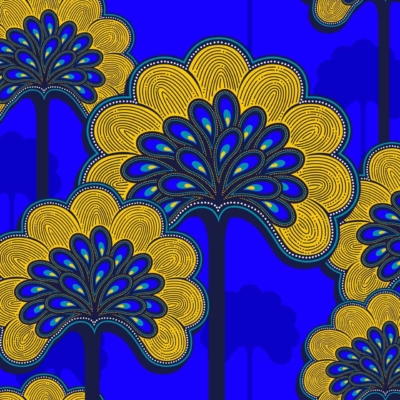 An abstract wallpaper with vibrant, stylized yellow and blue floral designs. Intricate details on tall flowers composed of layered, circular elements. These elements create a visually striking and symmetrical appearance against a bold blue background. Key elements include yellow flowers, blue floral patterns, circular layers, intricate design details, bold background.