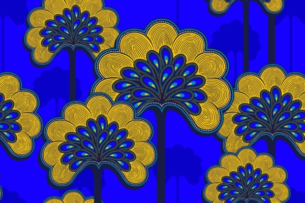 An abstract wallpaper with vibrant, stylized yellow and blue floral designs. Intricate details on tall flowers composed of layered, circular elements. These elements create a visually striking and symmetrical appearance against a bold blue background. Key elements include yellow flowers, blue floral patterns, circular layers, intricate design details, bold background.