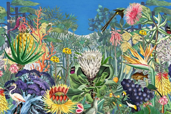 Halcyon wallpaper featuring a vibrant collage of tropical plants, proteas, bird of paradise flowers, and colorful blossoms against a backdrop of lush green foliage and clear blue sky. Includes elements like dense greenery, exotic birds such as a crane and small birds. Colors include vivid pinks, oranges, reds, rich greens, sky blue—the ultimate serene scene.