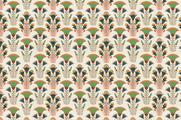 Ancient Egyptian-inspired seamless pattern featuring stylized lotus flowers, papyrus plants, and decorative elements in green, red, yellow, and black hues on a light beige background. This vibrant wallpaper exudes a happy folk vibe with its lively composition and vibrant colors.