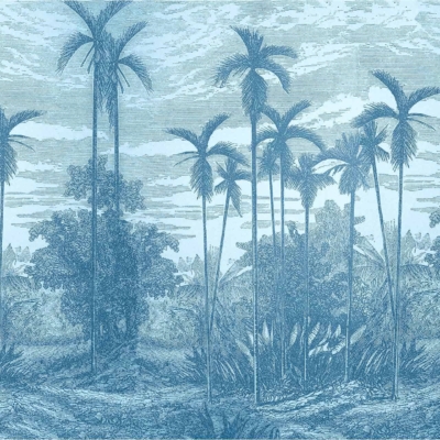 A blue-tinted wallpaper illustration of an island tropical forest featuring tall, slender palm trees with leafy tops dominating the scene. The background showcases dense foliage and a cloudy sky, creating a serene atmosphere. Key elements include palm trees, leafy tops, dense foliage, tropical forest, blue tint, and cloudy sky.