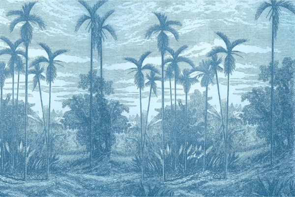 A blue-tinted wallpaper illustration of an island tropical forest featuring tall, slender palm trees with leafy tops dominating the scene. The background showcases dense foliage and a cloudy sky, creating a serene atmosphere. Key elements include palm trees, leafy tops, dense foliage, tropical forest, blue tint, and cloudy sky.