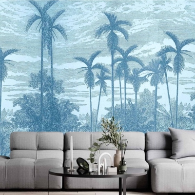 A feature wall mural depicting tall palm trees against a subtle textured background. The design creates a serene tropical island atmosphere, accented by subtle blue hues. Keywords: palm trees, textured background, tropical island, subtle blue hues.