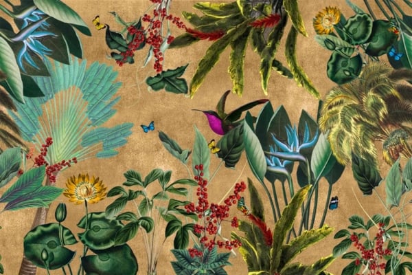 Vibrant tropical wallpaper with lush green foliage, colorful flowers, red berries, and diverse leaves. Features a purple hummingbird surrounded by small blue and yellow butterflies. Background is golden-brown with rich texture. Elements: greenery, blossoms, berries, butterflies, textured backdrop. Colors: Green, red, purple, blue, yellow, golden-brown. Metaverse of nature themes.
