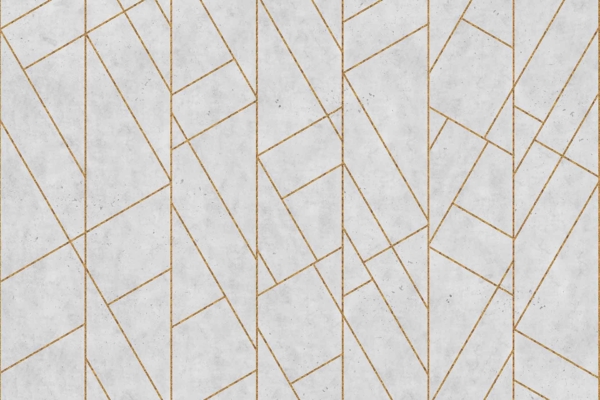 Geometric pattern wallpaper with thin gold lines forming irregular polygons against a light grey, marbled background. The design is contemporary and abstract, reminiscent of swift swallows in flight. Colors: gold, light grey. Elements: angular shapes, irregular polygons.