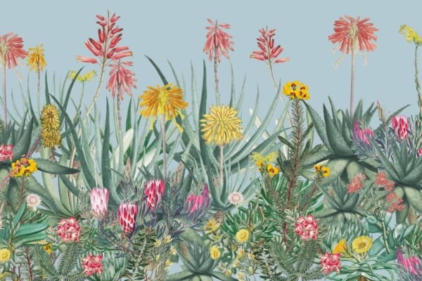 A vibrant botanical illustration wallpaper features a variety of colorful, blooming flowers and lush green foliage set against a soft blue background. It includes tall red and yellow blooms, pink buds, and various green leaves. This lively design evokes "My Happy Place" with its rich palette of reds, yellows, greens, pinks, and soothing blue backdrop. Perfect for adding a cheerful touch to your space.