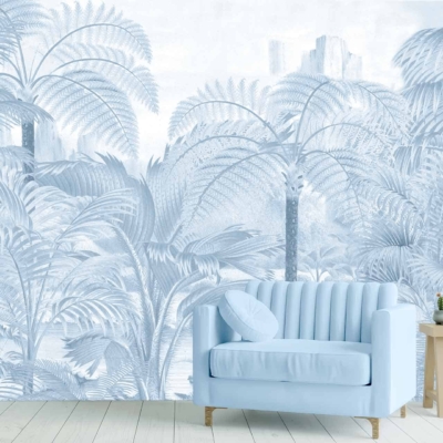 The wallpaper features lush, leafy tropical designs with palm trees and dense foliage. The colors include shades of green for the leaves and fronds, with hints of pastel blues intermingling among the greenery. This creates a vibrant but serene backdrop, capturing a tropical paradise feel with soft pastel accents that dominate the overall aesthetic.