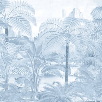 Monochromatic blue-toned illustration wallpaper featuring:
- Dense tropical jungle scenery
- Tall palm trees
- Large, leafy plants
- Small body of water
- Faintly visible distant rock formations or mountains in the background
Key elements: tropical jungle, palm trees, leafy plants, body of water, rock formations/mountains.
Color scheme: Blue tones