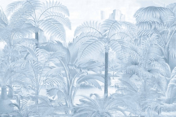 Monochromatic blue-toned illustration wallpaper featuring:
- Dense tropical jungle scenery
- Tall palm trees
- Large, leafy plants
- Small body of water
- Faintly visible distant rock formations or mountains in the background
Key elements: tropical jungle, palm trees, leafy plants, body of water, rock formations/mountains.
Color scheme: Blue tones