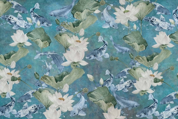 Intricate wallpaper design featuring koi fish, white lotus flowers, lily pads, on a turquoise background. Subtle water effects create a serene, pond-like feel. Repeated pattern evokes a harmonious and peaceful ambiance with calming beauty. Key elements: koi fish, lotus flowers, lily pads; colors: turquoise background.