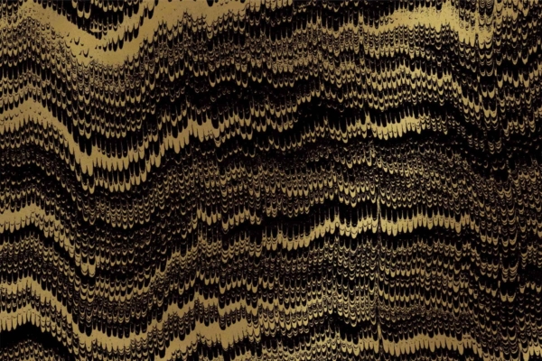 Abstract digital art wallpaper featuring wavy, jagged patterns in shades of black and gold. The design creates a textured effect, resembling layers of metallic scales or ripples. Intricate details add depth and movement throughout the composition, mirroring the dynamic nature of prospecting for sales. The use of black and gold highlights contrasts while emphasizing elegant sophistication with dramatic texture.