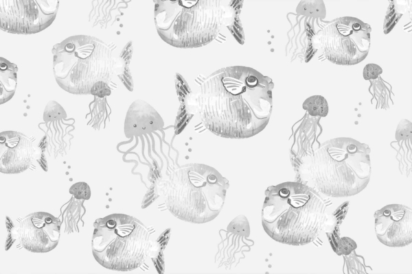 Wallpaper design: Grayscale pattern featuring cute, smiling pufferfish ("Puff Puff") and jellyfish.
Elements:
- Pufferfish: circular bodies, small fins, visible scales
- Jellyfish: bell-shaped bodies, multiple trailing tentacles
Colors:
- Gray shades on a plain white background