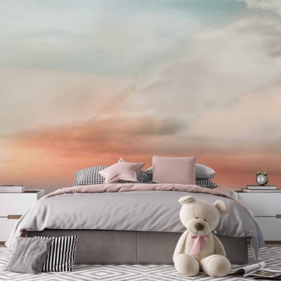 The wallpaper behind the bed showcases a mural of a cloudy sky. It features soft shades of pink and blue, creating a dreamy atmosphere. Elements include fluffy clouds with subtle gradients blending pink and blue hues seamlessly.