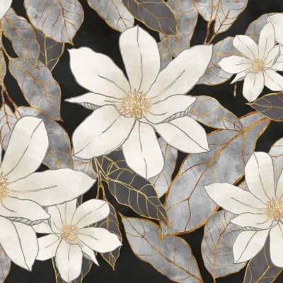 A floral pattern wallpaper with large white flowers and smaller blossoms, set on a black background. Featuring gold and gray leaves with delicate gold veins. The design is elegant and sophisticated, making the flowers shine out. Ideal for creating a luxurious atmosphere in any space.
**Elements & Colors:**
- Large white flowers
- Smaller blossoms
- Black background
- Gold leaves
- Gray leaves
- Gold leaf veins