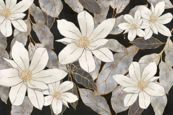 A floral pattern wallpaper with large white flowers and smaller blossoms, set on a black background. Featuring gold and gray leaves with delicate gold veins. The design is elegant and sophisticated, making the flowers shine out. Ideal for creating a luxurious atmosphere in any space.

**Elements & Colors:**
- Large white flowers
- Smaller blossoms
- Black background
- Gold leaves
- Gray leaves
- Gold leaf veins