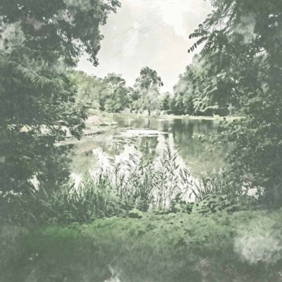 Wallpaper depicts a serene, picturesque scene with green-tinged landscape, quiet lake, lush trees, and rich vegetation. Partially cloudy sky and reflective water. Colors: green, blue, white. Elements: tranquil lake, foliage reflection.