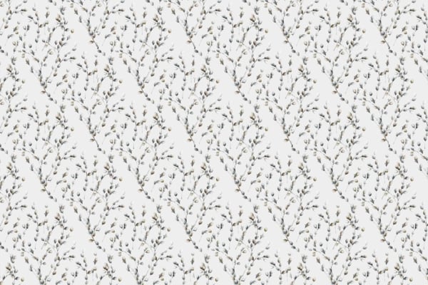 Seamless repeating pattern, delicate branches, small muted-color flowers, soft white background, diagonal overlapping arrangement, graceful swallows flying, harmonious intricate design. Colors: soft white background, muted tones for flowers and leaves (pastels), gentle brown or gray for branches and swallows.