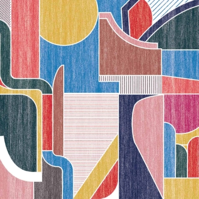 A vibrant abstract wallpaper featuring an array of geometric shapes and lines. The design blends reds, blues, yellows, greens, and browns with diverse textures and patterns like stripes and solid colors. The complex visual experience is created through the interplay of vivid hues and varying forms.