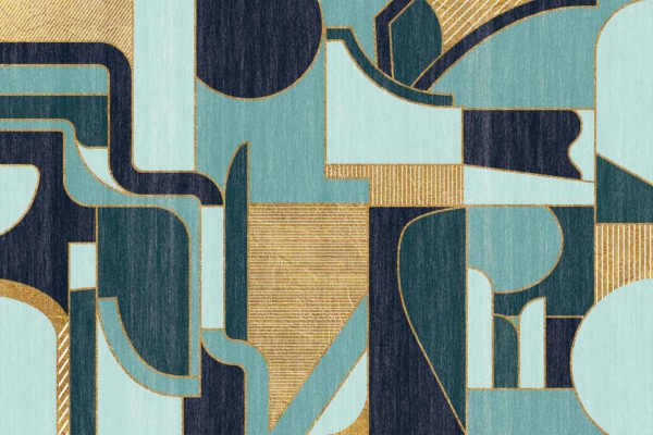 Abstract geometric art wallpaper featuring rectangles, circles, and lines in teal, gold, and black. Bold outlines and various textures enhance the modernity and sophistication.