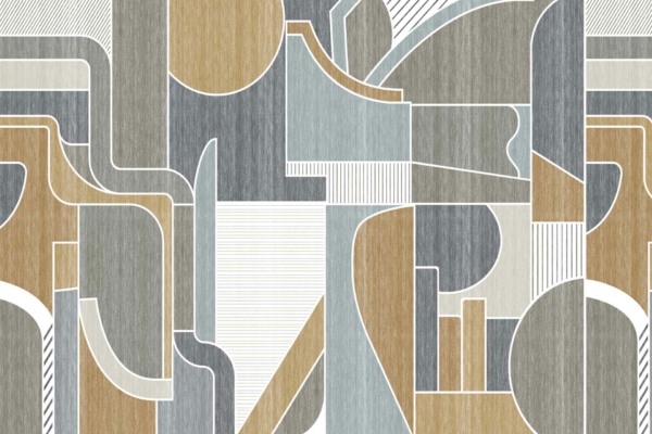 Abstract geometric pattern featuring interlocking and overlapping shapes and lines in muted tones of blue, beige, gray, and white. The wallpaper showcases an intricate and textured appearance with a sophisticated color palette.