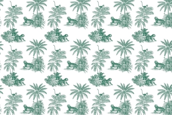 Seamless wallpaper pattern with green tiger illustrations lounging in dense foliage among palm trees on a white background. Features exotic and vibrant elements including lush greenery, detailed tigers, and tropical flora. Predominantly uses shades of green and white. Perfect for adding an adventurous touch to any decor.