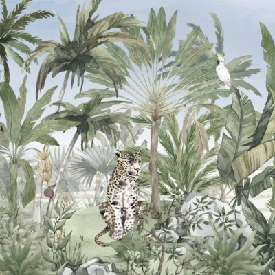 Dense jungle wallpaper features various plant species with vibrant greens. At the center, a leopard sits majestically on a grey rock. Background showcases a white cockatoo and brown sloth perched on branches, camouflaged among the lush foliage. Clear light blue sky above adds contrast. Key elements: dense plants, leopard on rock, cockatoo and sloth on branches, clear light blue sky.