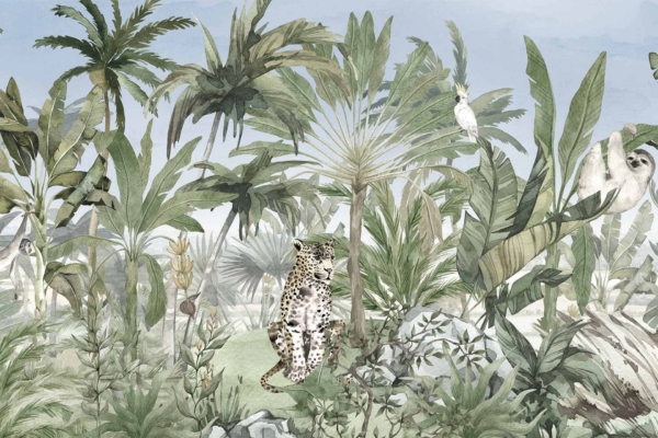 Dense jungle wallpaper features various plant species with vibrant greens. At the center, a leopard sits majestically on a grey rock. Background showcases a white cockatoo and brown sloth perched on branches, camouflaged among the lush foliage. Clear light blue sky above adds contrast. Key elements: dense plants, leopard on rock, cockatoo and sloth on branches, clear light blue sky.