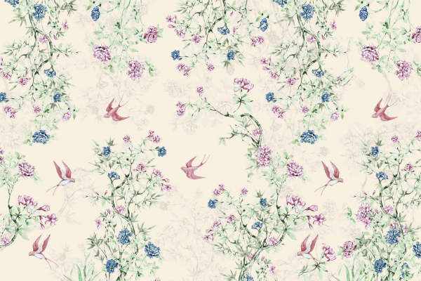 Vintage floral pattern wallpaper with delicate pink and blue flowers, green vines, and leaves on a light beige background. Includes small swallows in shades of pink and red flying gracefully throughout the design. Whimsical touch.