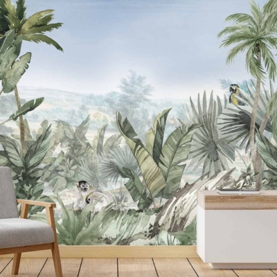 A room with a large wall mural featuring lush greenery, tall palm trees, and small birds hidden among vibrant foliage. Predominant elements include tropical plants and wildlife. Key colors are various shades of green, rich earthy browns, and subtle hints of bright colors from the birds.